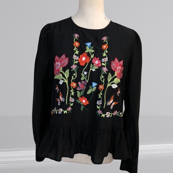 Zara  Black Floral Embroidered Blouse Top - Picture 2 of 5